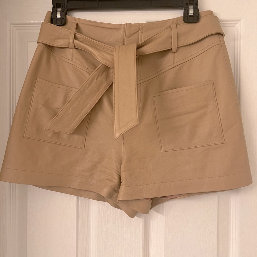 Intermix camel leather shorts